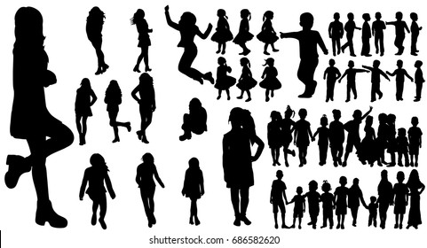Vector, isolated silhouette children and teenagers, set, group
