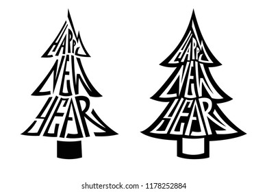 Vector isolated silhouette of the Christmas tree of the words Happy New Year