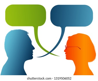 Vector isolated Silhouette of colored profile. Speech bubble. Talking between a man and a woman. Dialogue - discussion - chat communication between couple or people