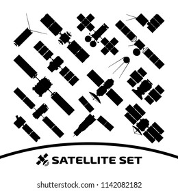 Vector isolated silhouette of connection and reconnaissance satellite with radar, solar panel and dish on a white background. 