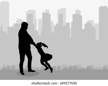 Vector, isolated, silhouette of dad playing with child