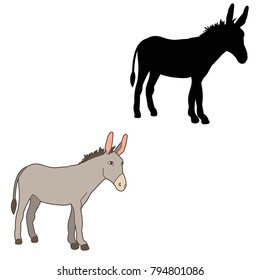 vector, isolated, silhouette of a donkey standing in front of a white background