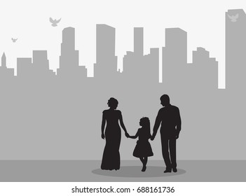 Vector, isolated silhouette family with child on city background