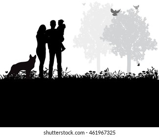 vector, isolated, silhouette family with a dog on the nature