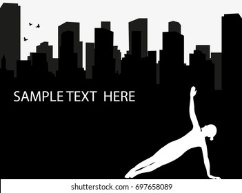 Vector, isolated, silhouette girl doing yoga on city background