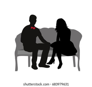 Vector, Isolated, Silhouette Girl And Guy Sitting On The Couch