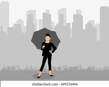 Vector, isolated, silhouette girl with umbrella