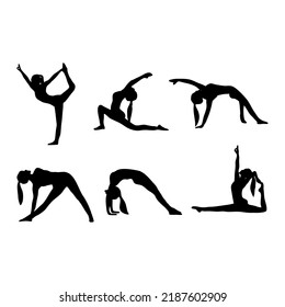 Vector isolated silhouette of girls practicing yoga. White background. Flat illustration.