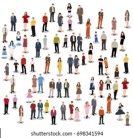 Vector, isolated, silhouette large group of standing people, flat style