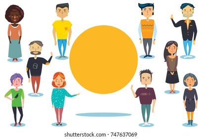Vector, isolated, silhouette large group of standing people in a flat style. Team of international company. 