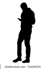 Vector, Isolated Silhouette Man With Mobile Phone