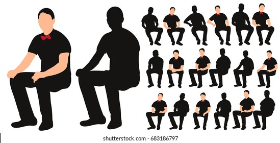 Vector, isolated silhouette of man sitting, with bow tie, collection of sitting men