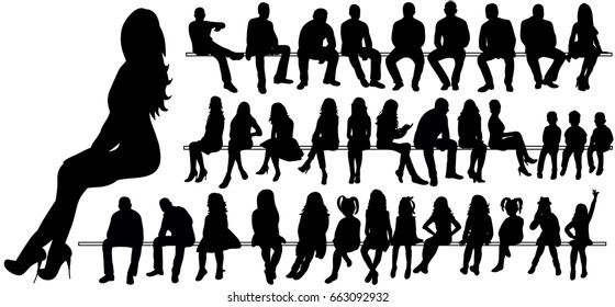 Vector, isolated, silhouette of a man women and children sitting, set