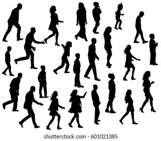 Vector, isolated silhouette people walking sideways collection