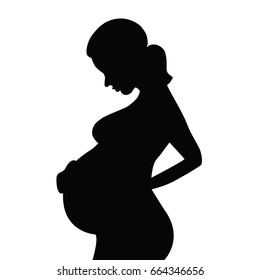 Vector isolated Silhouette of a Pregnant Woman holding her hand on belly.  