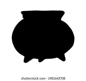 vector isolated silhouette of a round-shaped witch's cauldron on three legs, hand-drawn side view in a black doodle style on a white background for a design template. a symbol of witchcraft and magic.