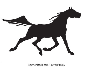 vector isolated silhouette of a running black horse with fluttering mane and tail 