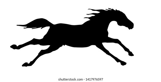 vector isolated silhouette of a running black horse with fluttering mane and tail , 