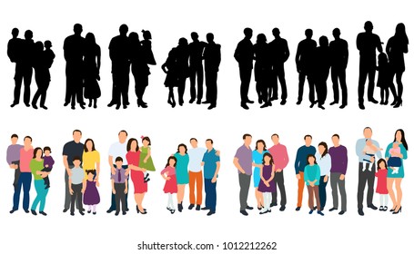 vector, isolated silhouette set family with children on white background