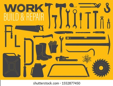 Vector isolated silhouette set of working tools. Yellow background.