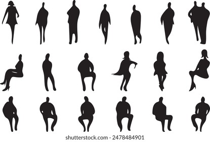 Vector, isolated silhouette of sitting standing people, man and girl	