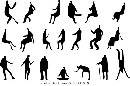 Vector, isolated silhouette of sitting standing people, adult man, girl and children