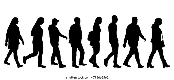vector, isolated silhouette of walking people one after another group