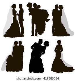 vector , isolated, silhouette , wedding, bride and groom, set,