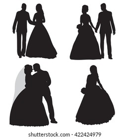 vector , isolated, silhouette , wedding, bride and groom, set,