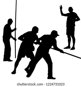 Vector isolated silhouettes 4 working men 2 people holding a stick to repel a ship from the pier, a tall man in a baseball cap stands with a stick another man in the wool waves at farewell by hand.