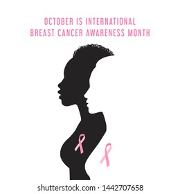 Vector  isolated silhouettes of Black and white woman with pink ribbon, text October is international Breast cancer awareness month.