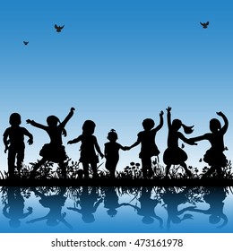 Vector Isolated Silhouettes Children Playing Nature Stock Vector ...