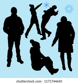 Vector isolated silhouettes of a group of people in winter clothes full-length of a male young woman playing indulge. Profile sitting girl in a jacket cap, Snowflake blue background five people.