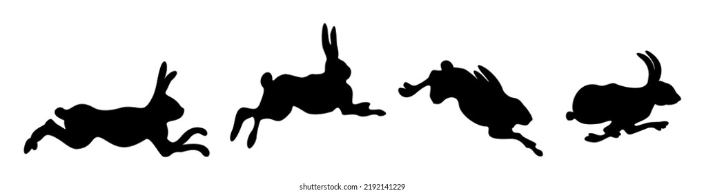 Vector isolated silhouettes of running hare.