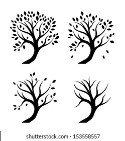 Vector isolated silhouettes of trees in seasons. Set of decorative stylized plants