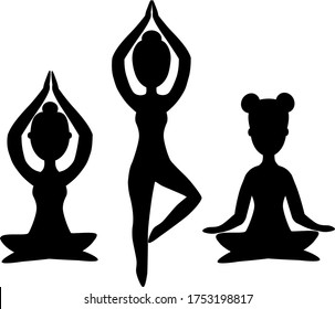 Vector isolated silhouettes of women doing yoga exercises, lotus position, set of icons