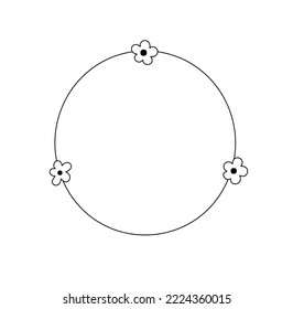 Vector isolated simple circle round line frame with three flowers  colorless black and white contour line easy drawing