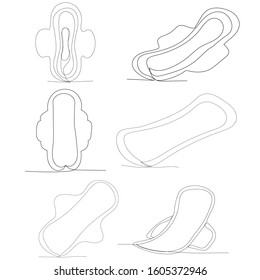 Vector, Isolated, Simple Continuous Line Drawing, Feminine Sanitary Pad, Set