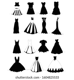 vector, isolated, simple drawing female dress silhouette, set