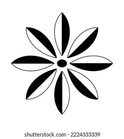 Flor geométrica simple vectorial aislada con ocho pétalos divididos en dos partes línea de contorno blanco y negro incolora dibujo fácil