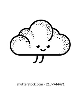 Vector aislado ilustración simple de una nube de línea negra con puntos sobre un fondo blanco. Carácter de vuelo mínimo y lindo sonriente