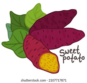 Vector isolated simple illustration of sweet potatoes in leaves with lettering.