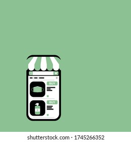 Vector isolated simple interface of online shopping on cellphone on green background with empty space, medical mask and alcohol gel, minimalism, monochrome, poster and postcard, illustration