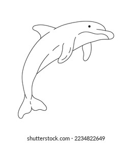 Vector isolated simple minimal cartoon jumping dolphin colorless black and white contour line drawing 