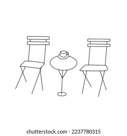 Vector isolated simple minimal doodle cafe two chairs and cofee table colorless black   white contour line easy drawing