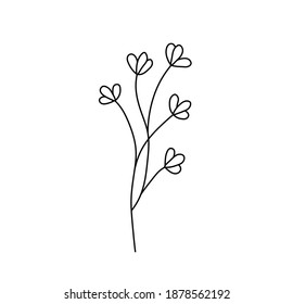 Vector isolated simple minimal flower branch doodle herbal drawing. Colorless black line outline cute sketch tattoo
