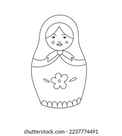 Vector aislado simple matreshka matryoshka juguete de madera ruso mujer incoloro línea de contorno blanco y negro fácil dibujo