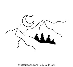 Vector isolated simple minimal mountains with forest and crescent moon landscape tattoo colorless black and white contour line easy drawing