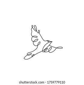 Vector Isolated Simple Minimal One Line Bird. Contour Hand Drawn Outline Doodle Sketch Flying Bird Wings.