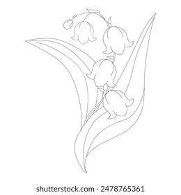 Vector isolated simple minimal one lily valley branch twig with glowers and leaves colorless black and white contour line easy drawing. Vector Simple icon. Eps 10. 